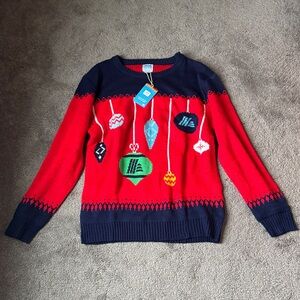 Aldi Gear Red/Navy Ornament Holiday Christmas Sweater SIZE M